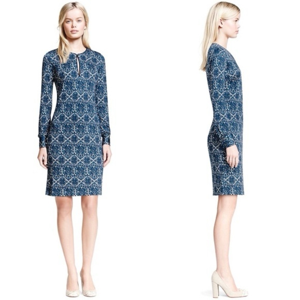 TORY BURCH Walker Long Sleeve‎ Fitted Mini Dress Navy Blue White Size M Keyhole
